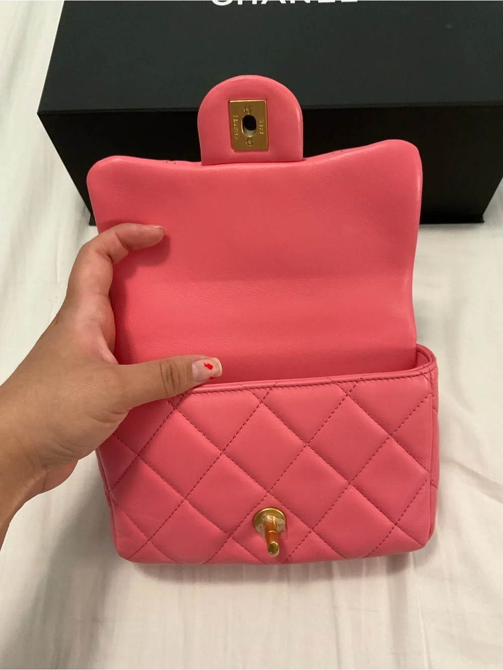 22P Pink Enamel Lambskin Quilted Pending CC Small Square Flap Aged Gold Hardware